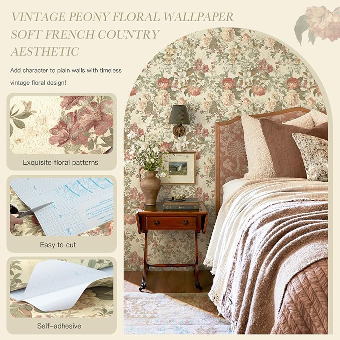 Floral Wallpaper Vintage Peel and Stick Wallpaper for Bathroom 196"×17.3" Cream Floral Wall Paper Peony French Country Contact Paper for Nursery Kitchen Self-Adhesive Vinyl Waterproof - Image 5