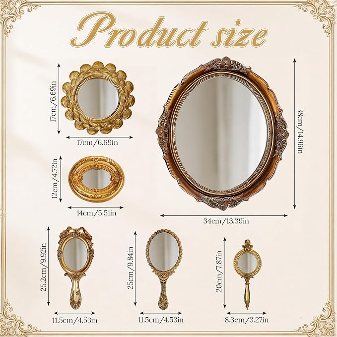 Kathfly 6 Pack Vintage Gold Mirror for Wall Gold Antique Wall Hanging Mirrors for Bedroom Decorative Resin Frame Baroque Style Assorted Sizes Tabletop Tray for Gallery Home Living Room Decor(Mixed) - Image 3