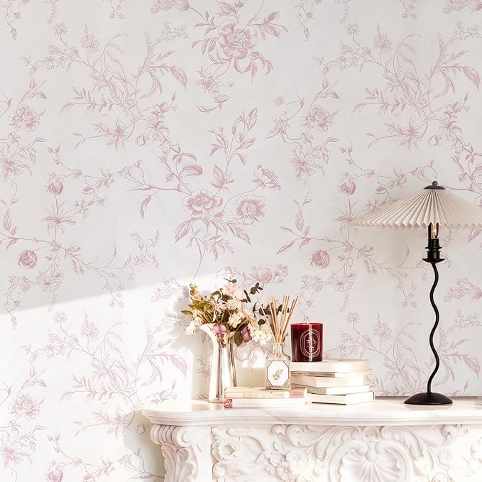 Ismoon Pink Floral Peel and Stick Wallpaper Vintage French for Bedroom | Textured Botanical Contact Paper Removable Self Adhesive Wallpaper for Bathroom Vinyl Roll Renter Friendly 17.3in×9.84 ft by Ismoon