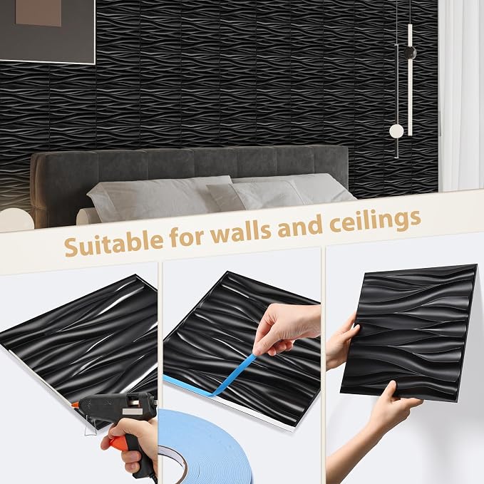 Heikki 30 Pack 3D Wall Panel for Interior Wall Décor, PVC Flower Textured Wall Panels for Living Room Bedroom Hotel Office, 11.8"x11.8", Double-Sided Tape (Black-YZ) - Image 3