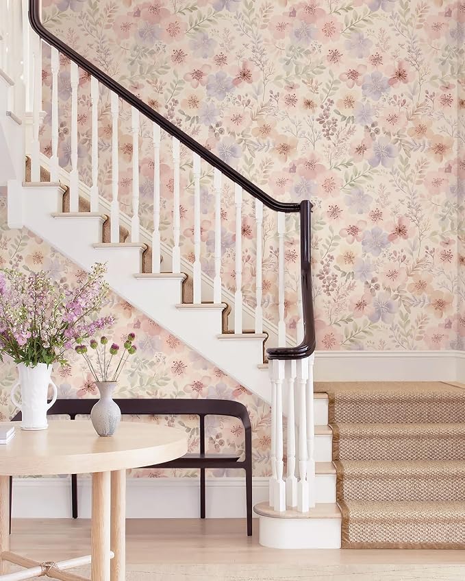 Guvana Peel and Stick Wallpaper Pink Floral Wall Paper French Country Vintage Contact Paper Neutral Botanical Self Adhesive Removable Wallpaper for Living Room Stairwell Bedroom Cabinet 17.3"×197" - Image 2