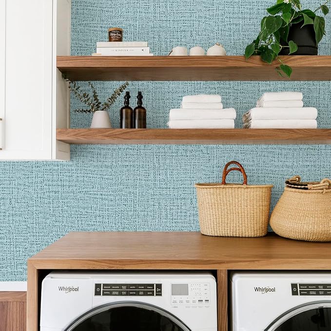 Teal Wallpaper Grasscloth Peel and Stick Wallpaper 17.7in x 118in | Faux Linen Vintage Wallpaper Textured Removable Wall Paper Grass Cloth Cabinets Bedroom for Cabinet Self Adhesive Vinyl - Image 7
