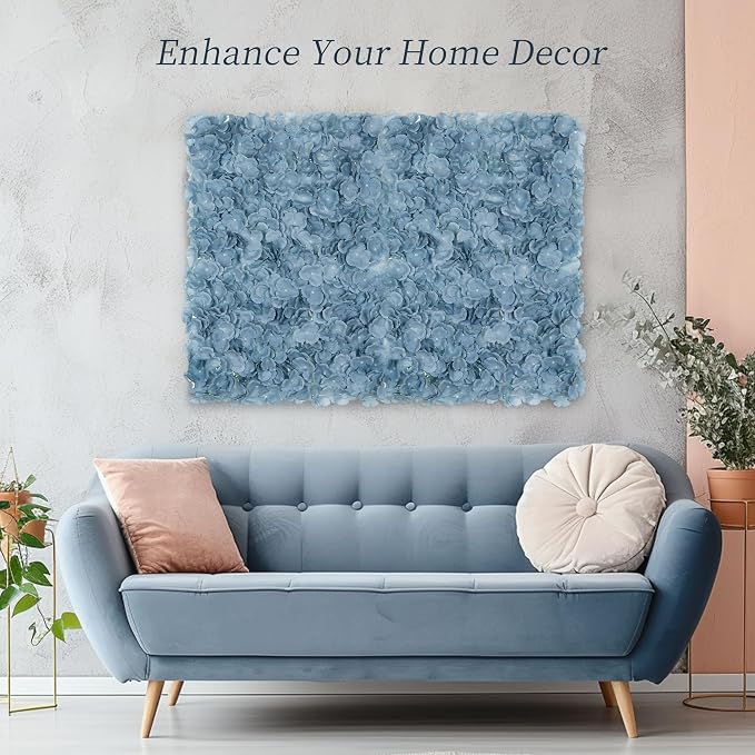 BLOSMON Flower Wall Panel Backdrop - 6 Pcs 24 x 16 Inch Dusty Blue Artificial Hydrangea Floral Backdrop for Wedding Party Baby Bridal Shower Decor, Hanging Fake Silk Hydrangea Wall DIY Decoration | Artificial Hydrangea Backdrops, for Wedding, Party, Ba... - Image 6