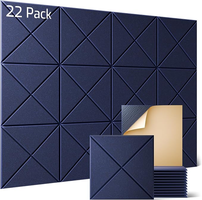 Sonicism 22 Pack X-Lined Acoustic Panels with Self-Adhesive, 12"X 12"X 0.4" Sound Proof Foam Panels, Decorative Soundproof Wall Panels, Sound Absorbing Tile for Home & Offices, Dark Blue by Sonicism