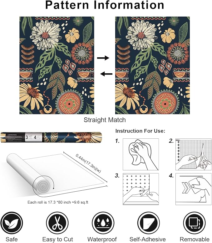 Simon&Siff Boho Sun Floral Retro Peel and Stick Wallpaper 17.3" x 80" | Removable Waterproof Self Adhesive Contact Paper Renter Friendly for Cabinets, Furniture, Bedroom, Bathroom, DIY Decor - Image 7