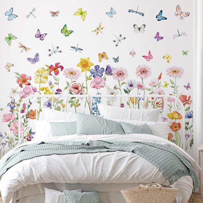Zonon 6 Pcs Flower Wall Decals Peel and Stick Sticker, Modern | Vinyl Removable Wall Stickers, Colorful Butterfly and Dragonflies Wall Decals, Wildflower Decor for Bedroom, Living Room - Image 4