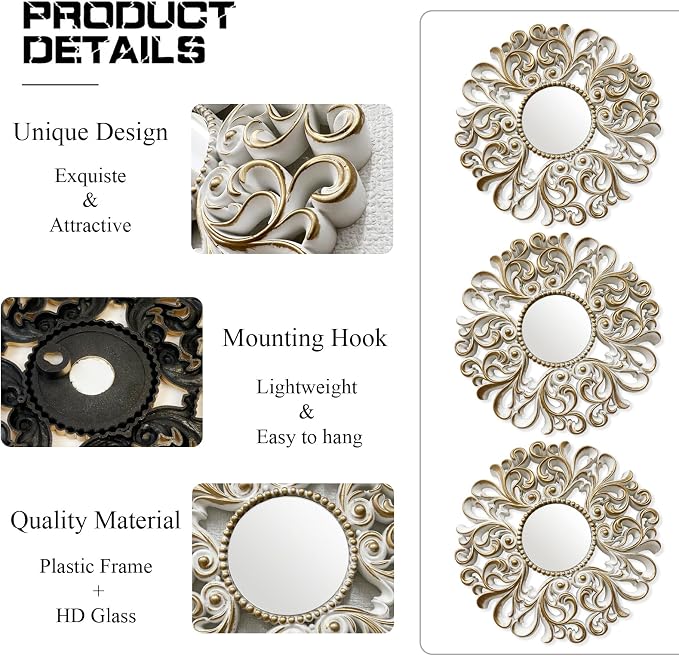 DXYAKY 3 Pack Floral Ornate Decorative Wall Mirror - Elegant White with Gold Accents, 9.8" Plastic Round Mirror Set, Lightweight Wall Art Décor for Bedroom, Bathroom, Living Room & Entryway - Image 4