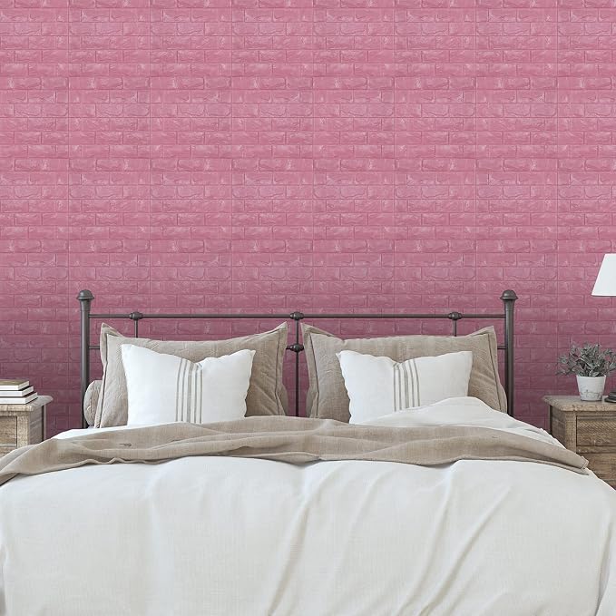 11PCS 3D Wall Panels Peel and Stick Faux Brick Wallpaper Pink Self Adhesive Foam Brick Paneling Faux Stone Wall Panels (11PCS, Pink) - Image 4