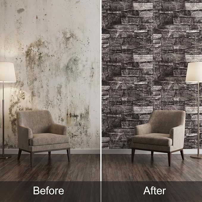 40pcs 3D Wall Panels 11.8x11.8 Inch Peel and Stick Foam Brick Wallpaper, Black Self Adhesive Tiles Waterproof Decorative Wall Panel for DIY Interior Wall Decor, Faux Rock Wall Panels | Practical and Reliable Easy Installation - Image 5