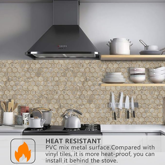 STICKGOO Hexagon Peel and Stick Backsplash Tile, Stick on Backsplash for Kitchen and Bathroom, Stone Beige PVC Mixed Metal Gold Self Adhesive Wall Tiles(10 Sheets, Seamless) - Image 2