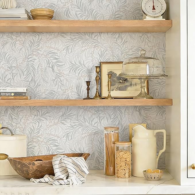 Ismoon Boho Wallpaper Peel and Stick Dusty Green Botanical Wallpaper 17.3in x6.56ft Neutral Leaf Removable Waterproof Green Contact Paper for Bedroom Kitchen Renter Friendly Wall Decor Vinyl by Ismoon
