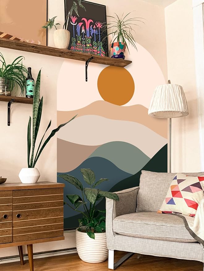 Boho Minimalist Sunset Mountain Wall Stickers – Earth Tone Abstract Landscape Wall Decor Peel & Stick Removable Art Decals for Living Room Home Office Decor,56 cm x 88 cm - Image 4