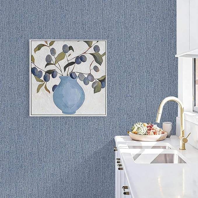 Grasscloth Peel and Stick Wallpaper Blue Contact Paper 16in x 118in | Faux Linen Vintage Wallpaper Textured Removable Wall Paper Grass Cloth Cabinets Bedroom for Cabinet Self Adhesive Vinyl - Image 3