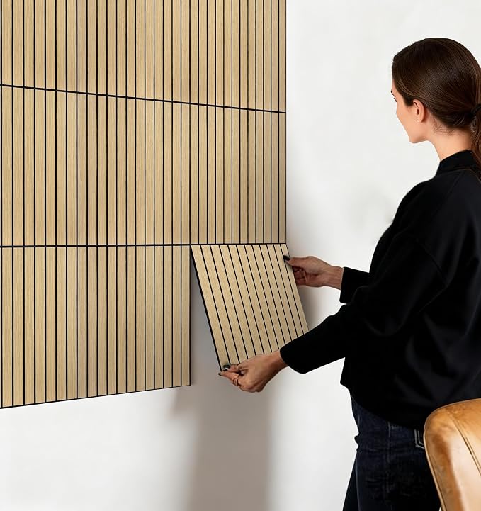 16-Pack Peel and Stick Acoustic Wall Panels, 11.8" x 11.8" PET Soundproof & Noise Cancelling Acoustic Felt, Self-Adhesive 3D Sound Absorbing Slat Wall Paneling for Interior Wall Decor, Natural Oak - Image 5