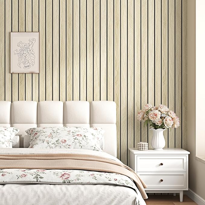 Wallercity Light Brown Wood Slat 3D Wall Panels Self Adhesive Soundproof Wooden Panel for Bedroom Living Room Peel and Stick Wood Paneling for Interior Decor Waterproof Acoustic Fence 11.8''x197'' - Image 4