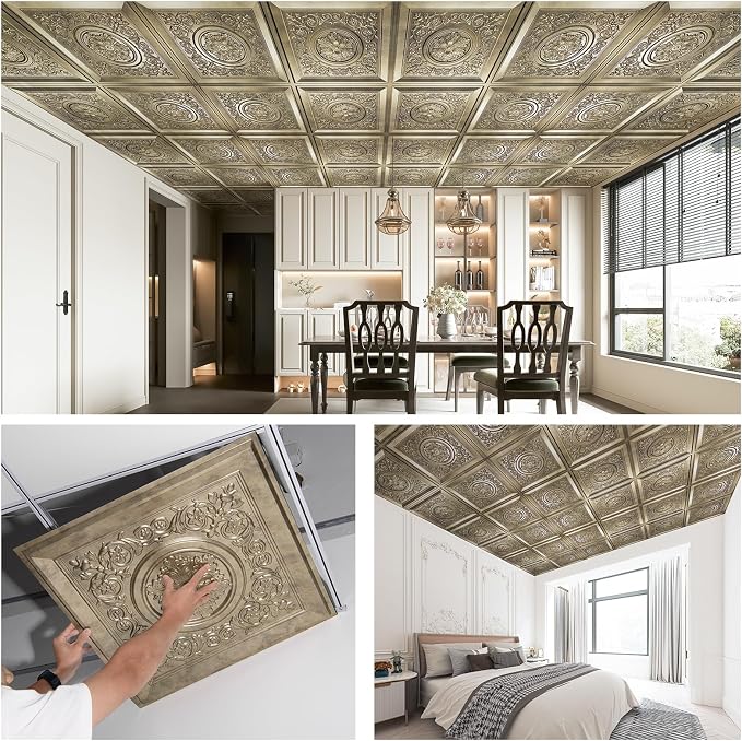 WOWSTAR 12-Pack 24"x24" Drop Ceiling Tiles, Vintage Style Waterproof Glue up Ceiling Panels Decor, Antique Gold | PVC ceiling panels, 24"x24", waterproof, glue-up install, basement kitchen bathroom, 12-pack, set B - Image 5