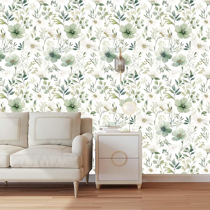 Sage Green Floral Peel and Stick Wallpaper 17.7" x 70.8" | Thick removable watercolor natural flower design for renters and bedroom accent walls - Image 5