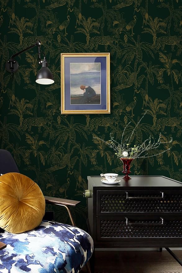 Heroad Dark Green Peel and Stick Wallpaper Boho Contact Paper Jungle Wall Paper Removable Self Adhesive Cheetah Wallpaper for Bedroom Living Room Cabinet Waterproof Bathroom Vinyl Roll 17.3"x78.7" - Image 5