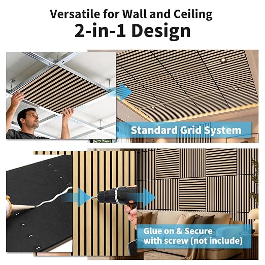 Art3d 12-Pack Acoustic Slat Panel & Ceiling Tile, 2 x 2 ft, Natural Oak | Crack-Resistant, Scratch-Resistant, Eco-Friendly, Durable, Grid Compatible, Ideal for Living Room, Bedroom & Home DIY Upgrade - Image 9