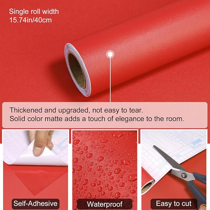 Red Peel and Stick Wallpaper Solid Red Contact Paper A Set of 15.7"x236" Matte Self Adhesive Waterproof Vinyl Roll for Wall Coverings,Cabinets,Countertops,Bedroom,Kitchen - Image 3