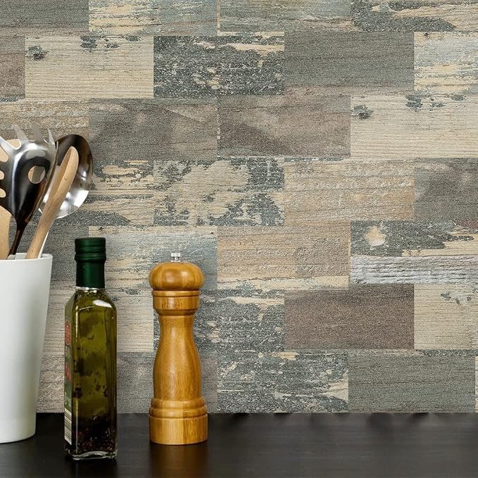 DEWOO 20 Sheet Peel and Stick Wall Tile Kitchen Backsplash Self Adhesive | Distressed,PVC,Rustic,Faux Wood, Country,Farmhouse,13.5" x 11.4" - Image 4