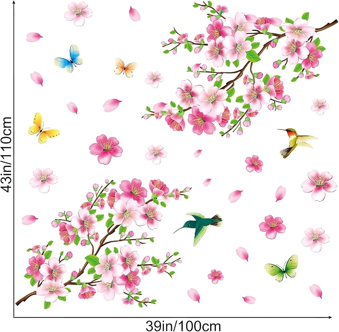 LiveGallery Pink Cherry Blossom Flower Birds Vinyl Art Wall Decal Brown 3D Peel and Stick DIY Tree Branch Wall Stickers Decor for Girls Teens Baby Bedroom Nursery Living Room Home Decoration - Image 6