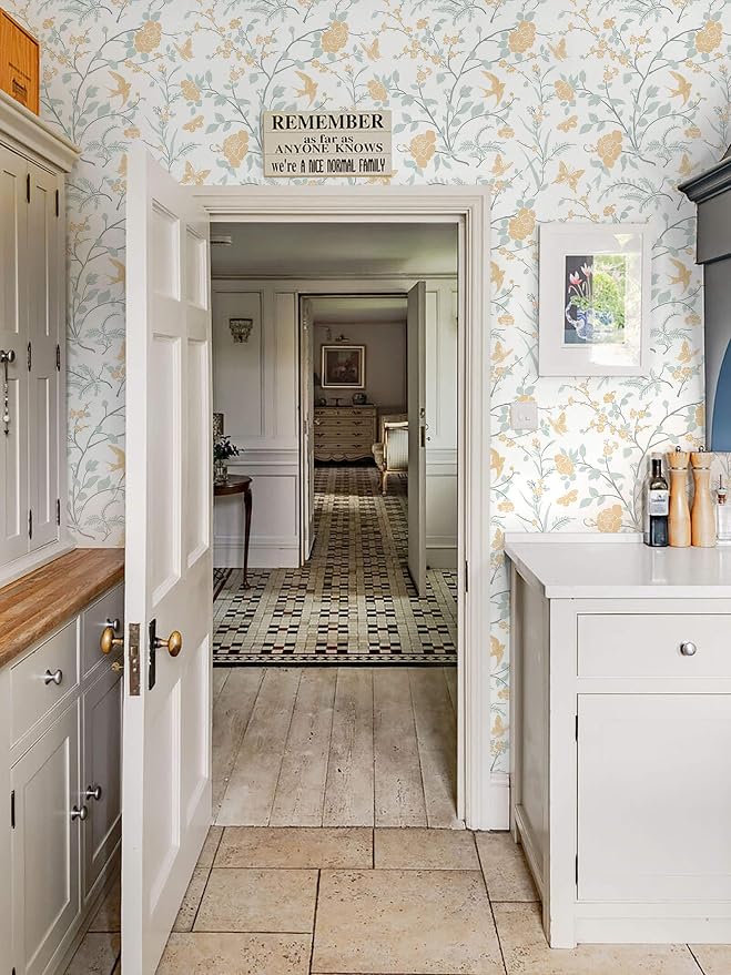 Yellow Wallpaper Floral Peel and Stick Wallpaper Boho Light Blue and Yellow Wall Paper Bird Botanical Contact Paper for Cabinets Renter Friendly Self-Adhesive Bathroom Bedroom 393"×17.3" - Image 5