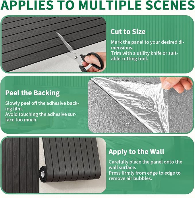 Peel and Stick PVC Slat Wall Panel 118"x15.75"(12.9 ft²) Faux Wood Slat Panels, Self-Adhesive Wood Grain Wallpaper, 3D Soundproof Wall Panels for Bedroom Bathroom Walls & Ceilings, Black - Image 6