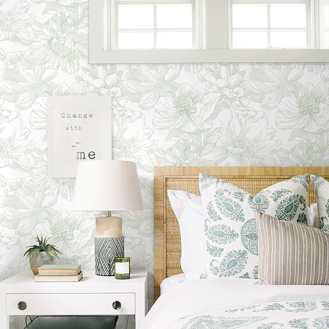 Ismoon Large Floral Peel and Stick Wallpaper Boho White and Green Contact Paper 17.3inx16.3ft Modern Wall Paper Removable Self Adhesive Vinyl Wallpaper for Bedroom Cabinet Bathroom Mural Wall Decor - Image 2