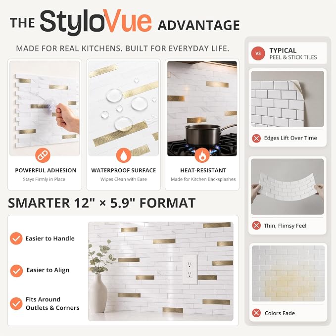StyloVue 20 Sheets Peel and Stick Backsplash for Kitchen, Sparkle White Marble Look with Gold Metal, Glossy Finish, Stick on Tile for Kitchen Backsplash, RV, Fireplace - Image 6