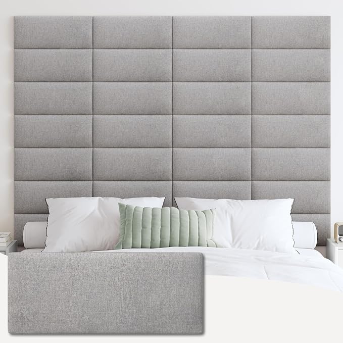 IFNOW Wall Mounted Headboard, Peel and Stick Panels, Medium Gray, King | 3D Soundproof Acoustic Padding, Reusable and Removable, Tufted fabric Bed Headboard, for bedroom (12 Panels, 10" x 24") by IFNOW