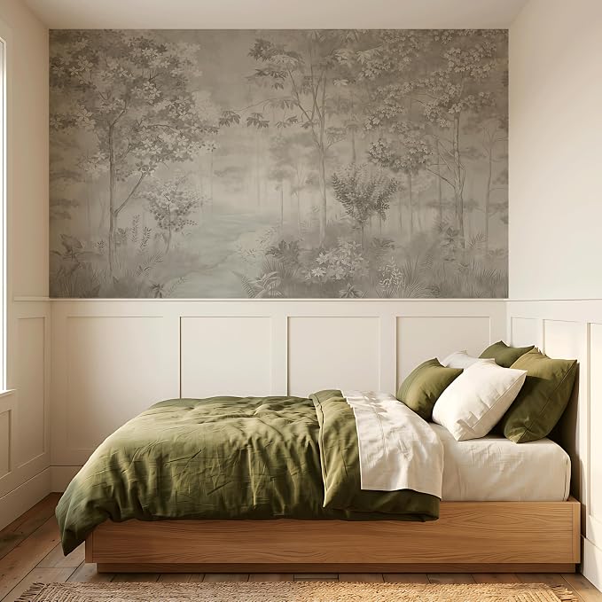 ASJ Forest Peel and Stick Wallpaper Mural, Misty Monochrome Warm Gray | Seamless edge-to-edge match. Sketch tree leaf landscape artwork, 118x78 in, premium fabric, living room bedroom. - Image 6