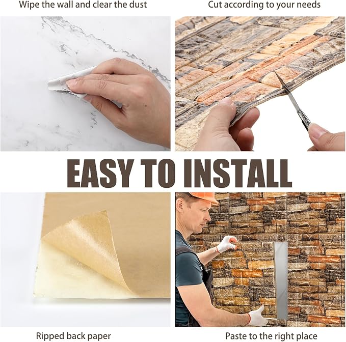 Tinlade 30 Pcs 3D Wall Panels Peel and Stick Wallpaper Foam, Rustic Brown | Faux Brick Stone Tiles, Covering 28.8-48.4 Sq ft, Self Adhesive Waterproof Panels for Bedroom Living Room Kitchen Walls - Image 5