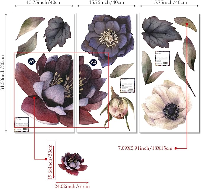 Fabric Peel and Stick Floral Wall Decal, Self-Adhesive Peony Flowers Wallpaper, Rose Sticker for Living Room Bedroom Wall Decor, Eden Garden B-3 PCs - Image 2