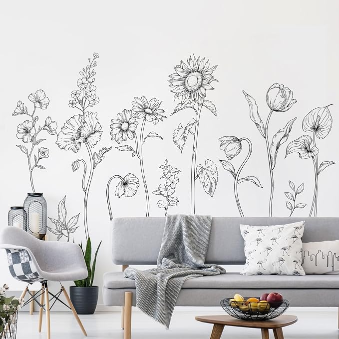 Large Black and White Flower Wall Decals, 3 Sheets Simple Modern Minimalist Sunflower Tulip Wall Stickers Floral Art Decor for Girls Bedroom Home Room Office Adult Gifts for Mom(11.8x35.4 in/Sheet) - Image 5