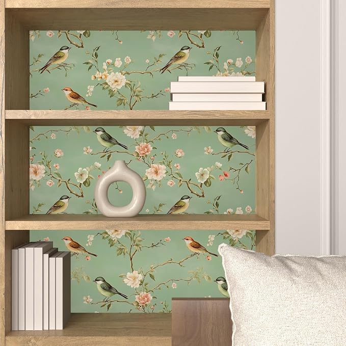 Laatse Vintage Floral Bird Wallpaper Peel and Stick 17.5" × 118", Green | Self Adhesive/Removable/Waterproof/Thick Vinyl Contact Paper for Bathroom Bedroom Shelf Cabinet Drawer,Prepasted,Easy Peel - Image 8