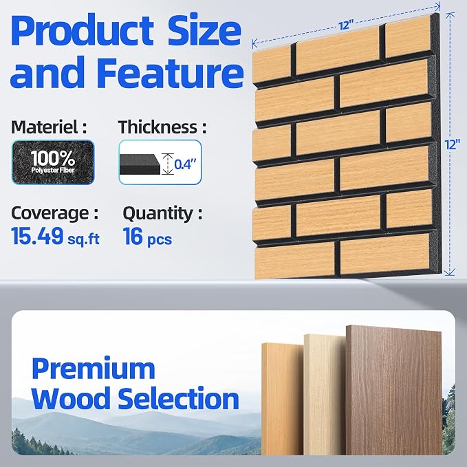 Self-Adhesive Acoustic Panels High Density Sound Proof Foam Panels for Wall | 16 Pack Brick Soundproof Wall Panels, 12" x 12" x 0.4" Sound Dampening Absorbing Panels for Home Studio Decor Office - Oak - Image 5