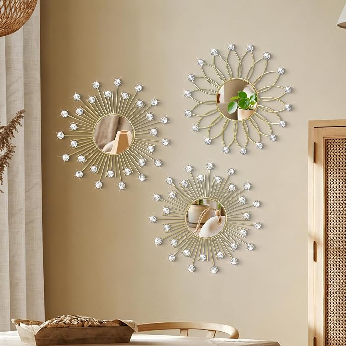 3 Pack Metal Mirrors for Wall Sunburst Wall Mirrors Home Décor Decorative Hanging Wall Art for Living Room Bedroom Entryway (Gold2 Crystal, Flower+Sunburst) - Image 2