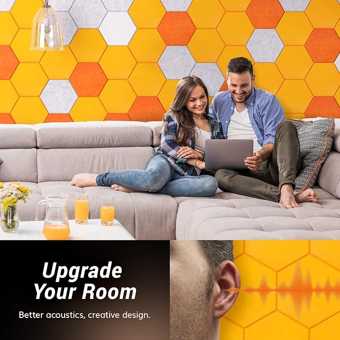 12 Pack Hexagon Acoustic Panels, TONOR 12"x 10"x 04" High Density Sound Proof Panels for Walls, Sound Dampening Insulation Treatment Foam Panel, Sound Absorbing Padding for Studio, Office, Home Yellow - Image 4