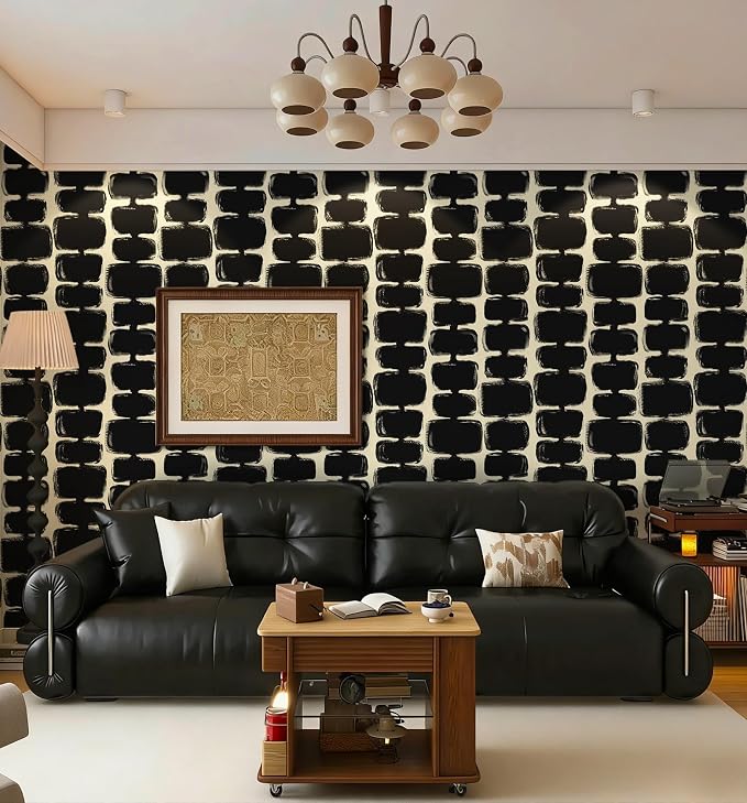 Safiyya Peel and Stick Wallpaper Black and Cream White Contact Paper Mid Century Modern Abstract Geometric Wall Paper Self Adhesive Removable Wallpaper for Bathroom and Bedroom Vinyl 17.3"x78.7" - Image 2