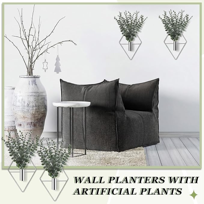 Jexine 8 Pcs Hanging Artificial Planters Wall Decor, Silver, Eucalyptus | Bathroom Wall Decor, Geometric Metal Vase, Indoor Plants, Living Room, Home Office, Entryway, Boho Accent, Wall Mounted - Image 4
