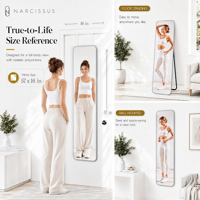 NARCISSUS Full Length Mirror 57x16 Inch, Over The Door Mirror with Stand, Wall Mounted or Freestanding/Door Hanging Full Body, Aluminum Alloy Frame, Silver - Image 3