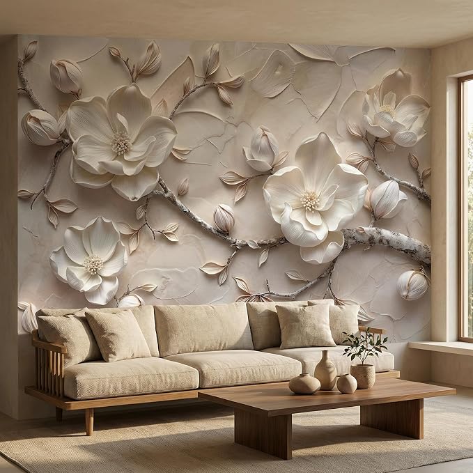 MFWFM Floral Peel and Stick Wallpaper 3D Relief Magnolia Flower Wall Mural | 157"x110", for Bedroom Living Room Bathroom, Self Adhesive Canvas - Image 3