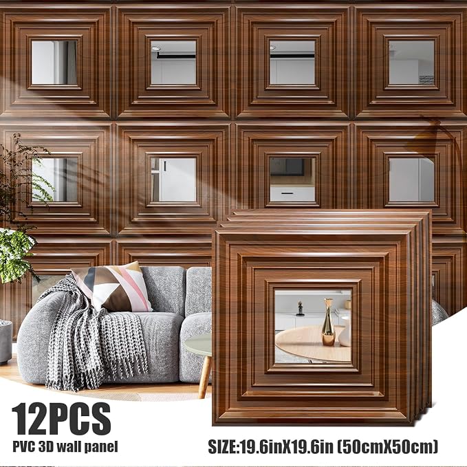 12 Pack PVC Ceiling Tiles 19.7"x19.7" – Silver Mirror & Wood Grain 3D Wall Panels for Wall and Ceiling Decoration,Cover 32.3 Sq.Ft – Waterproof,Lightweigh(Dark Brown, Silver) - Image 9