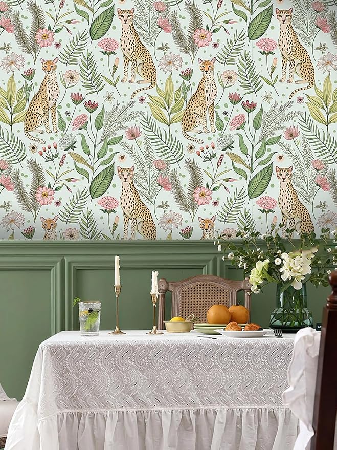 Floralplus Jungle Leopard Wallpaper Peel and Stick Wallpaper Removable Vintage Floral Wall Paper for Bathroom Renter Friendly Textured Stick On Vinyl Contact Paper Home Decor 17.5 x 393 in - Image 2