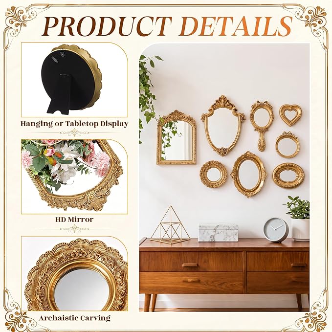 Vintage Mirror Set,11in/10in/5in/3in,Elegant Style,8 Pcs - Image 4