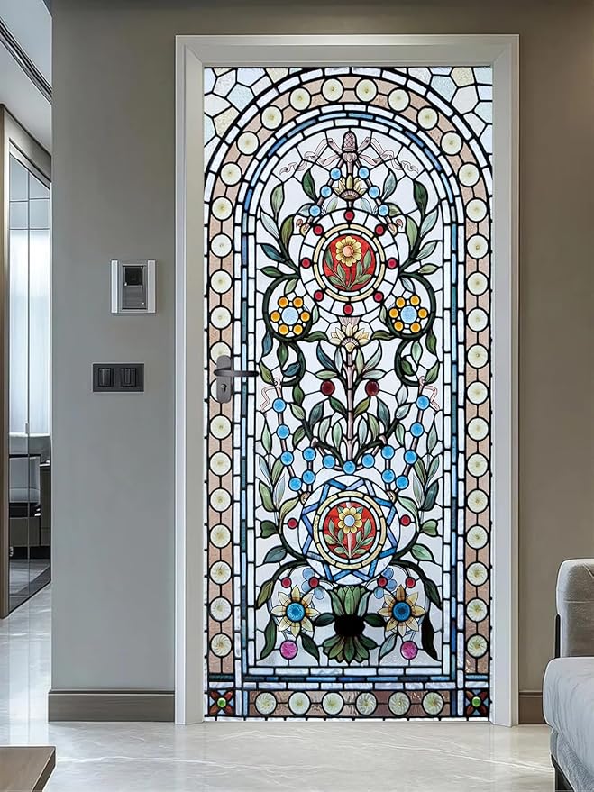 artfanke 3D Stained Glass Door Sticker Peel and Stick 33.5"x84.6"- Self-Adhesive Door Murals Wallpaper Decal for Living Room Bedroom Decor(2 Sheets/Set) by artfanke