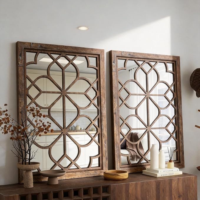 Set of 2 19x26 Inch Large Maroon Shatterproof Rectangular Wall Mirrors, Boho Rustic Farmhouse Vintage Accent Mirrors for Living Room Bedroom Entryway Dining Room & Home Decor - Image 3
