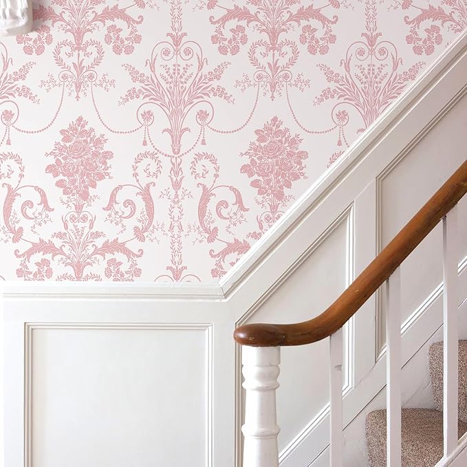 Damask Floral Peel and Stick Wallpaper Boho Pink and White Contact Paper | 17.3" X 197" Pink Damascus Decorative Wallpaper DIY Removable Self Adhesive Wallpaper for Bedroom Cabinets Covering Vinyl - Image 3