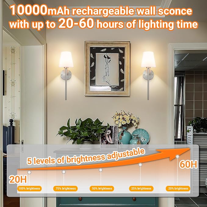 Battery Operated Wall Sconces Set Of 2, Wireless Battery Wall Light With 10000mAh RGB Rechargeable Magnetic Bulb, Rechargeable Wall Sconce With Remote Control For Bedroom, No Electrician Required - Image 4
